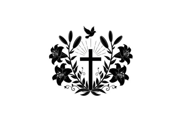 Christian Cross Silhouette with Floral W Illustrations