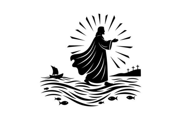 Jesus Christ Walking on Water Silhouette Illustrations
